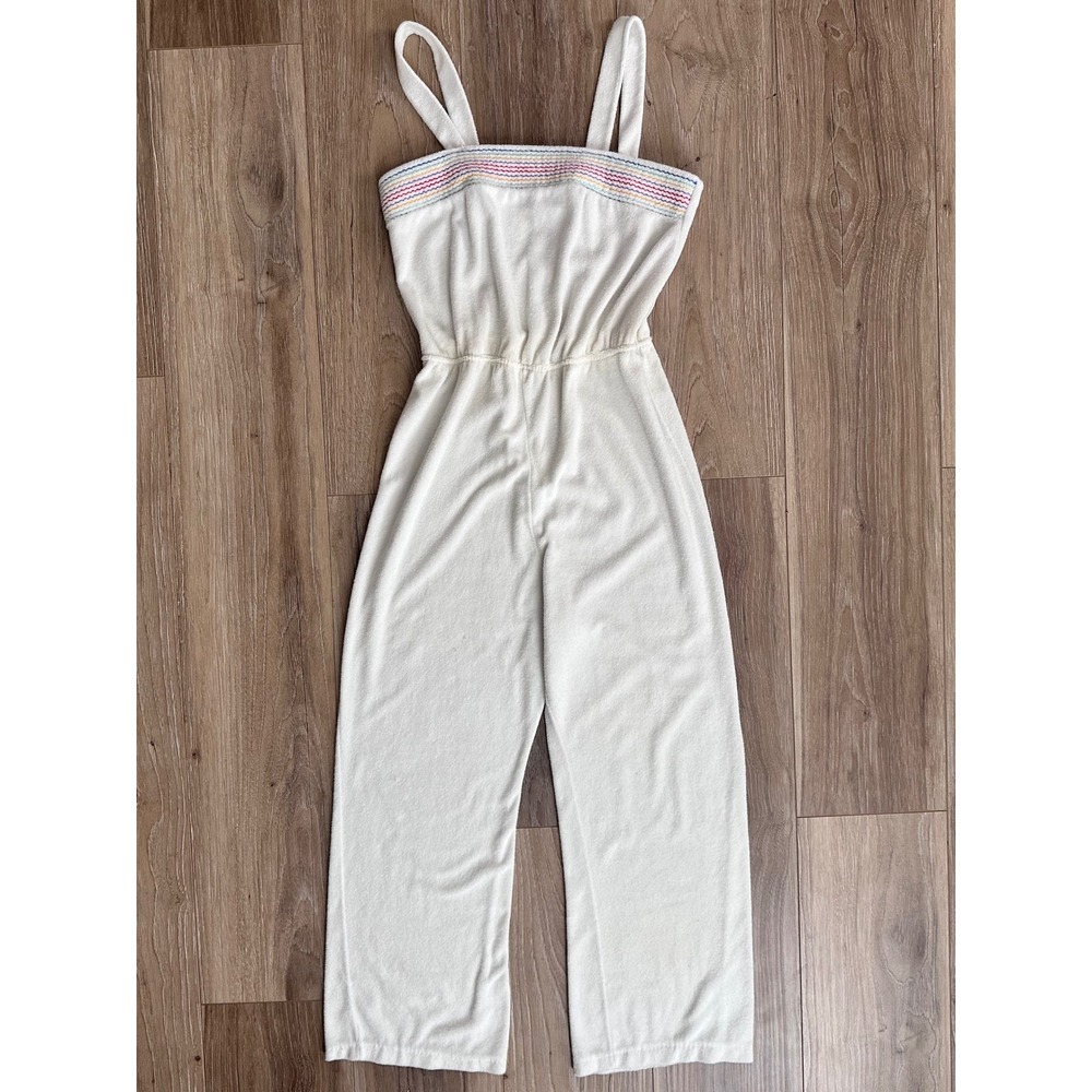 Vintage Featherbed Terry Cloth Jumpsuit White Rainbow Trim 70s Surf USA Playful